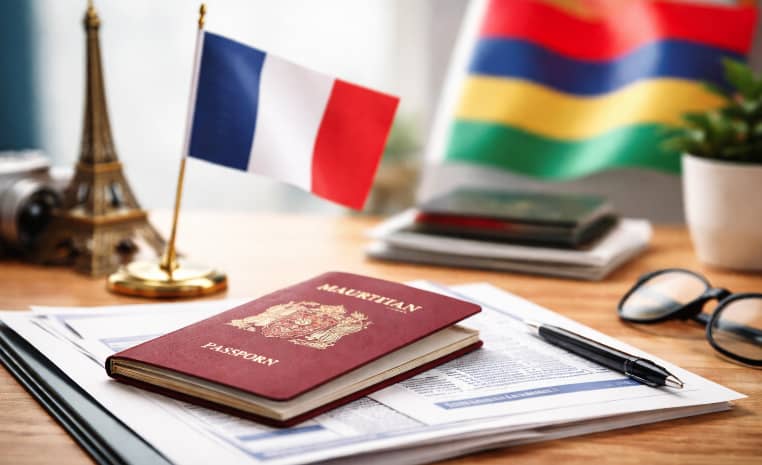 Renouvellement du passeport mauricien en France avec documents administratifs sur un bureau et drapeaux de la France et de Maurice en arrière-plan.