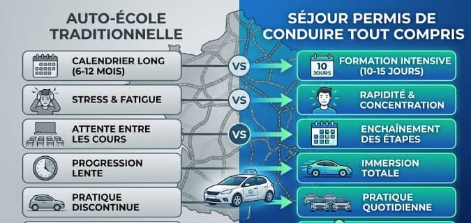Infographie comparative montrant les avantages d'un séjour permis de conduire tout compris rapide et intensif face à une auto-école traditionnelle.