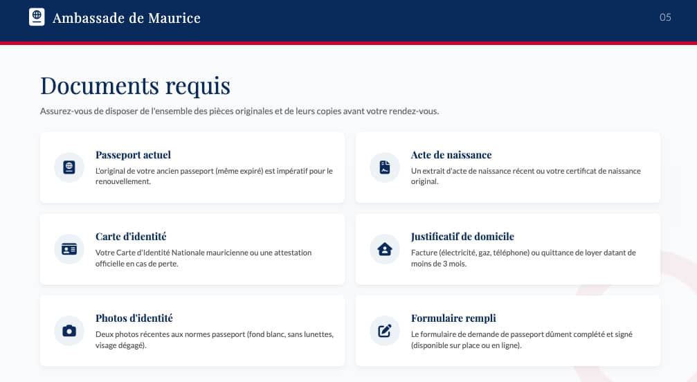 Documents nécessaires pour la demande de renouvellement du passeport mauricien en France.