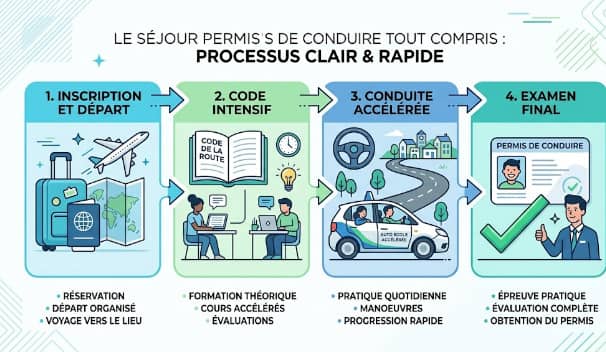 Infographie détaillant les 4 étapes d'un séjour permis de conduire tout compris : inscription, code de la route intensif, conduite accélérée et examen final.