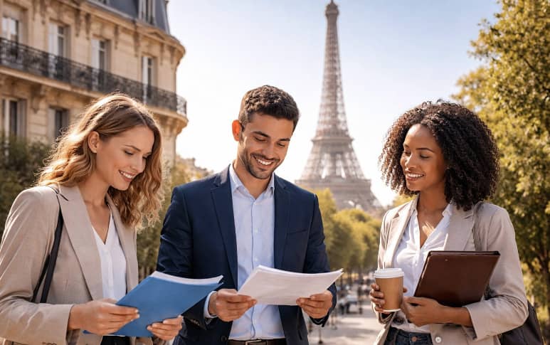 Professionnels internationaux consultant des documents devant la Tour Eiffel à Paris, symbolisant l’accès au travail en France