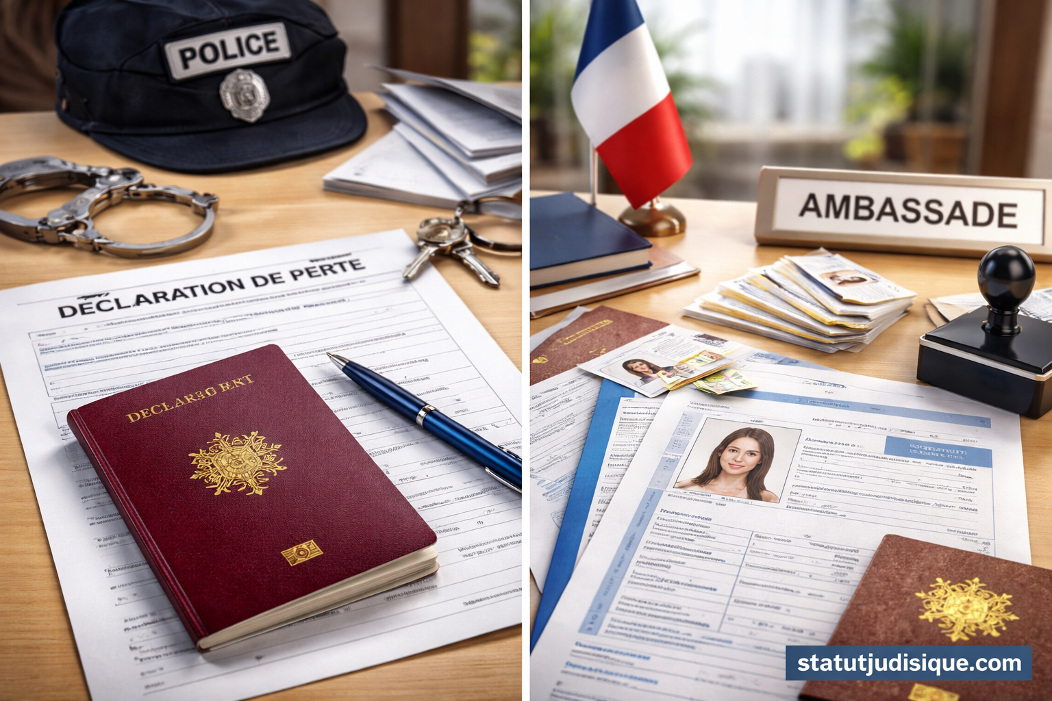 Gros plan d’un bureau avec un passeport étranger, formulaire de "Déclaration de Perte", photos d’identité, billets, casquette de police et la Tour Eiffel en arrière-plan, illustrant la perte de passeport en France, avec filigrane "statutjuridique.com"