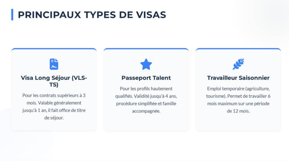 Principaux types de visas de travail disponibles en France