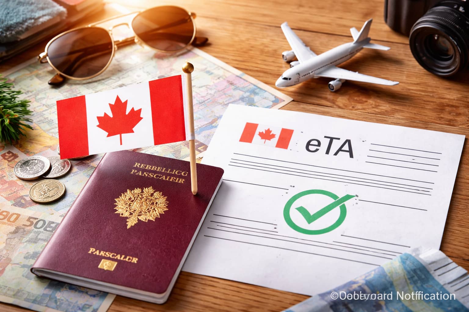Passeport français avec autorisation de voyage électronique eTA pour entrer au Canada posé sur une carte avec accessoires de voyage.